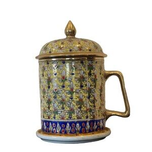 Thai Benjarong Hand Painted Porcelain Mug, Lid & Saucer Gold Blue Floral
